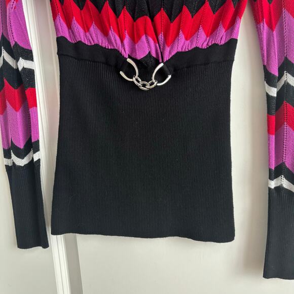 Vintage Cache Chevron Knit Top Sz S V-Neck Sweater Belted Cinch Waist Y2K 90s - Picture 7 of 8